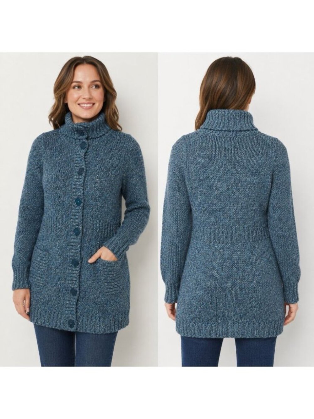 Talbots Petites SP Blue Marled Wool Blend Cardigan Sweater Coat Button Front